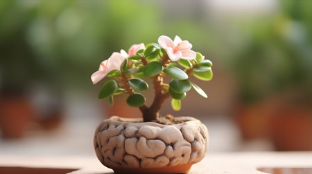 Bonsai tree in a pot on a wooden table with blurred backgroundの素材