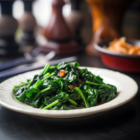 stir-fried water spinach with garlic in white plate on black backgroundの素材