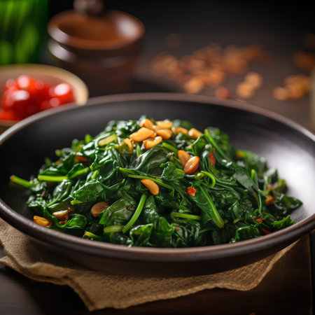 Stir-fried spinach with pine nuts and honey, selective focusの素材