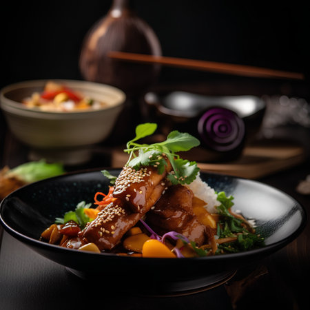 japanese cuisine. teriyaki chicken with rice on dark backgroundの素材