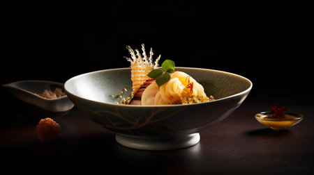 Japanese Cuisine. Gunkan Sashimi with Golden Caviar on Black Backgroundの素材