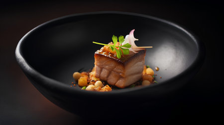 Salmon teriyaki on a dark background. Japanese cuisine.の素材