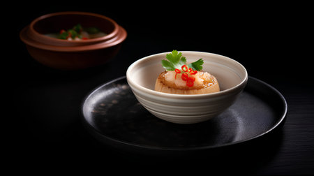 Japanese cuisine. Fried scallops with parsley on black backgroundの素材