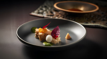 Japanese Cuisine. Appetizer on a black plate on a dark backgroundの素材