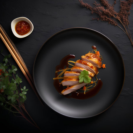 Roasted duck breast on black plate with soy sauce and chopsticks, top viewの素材