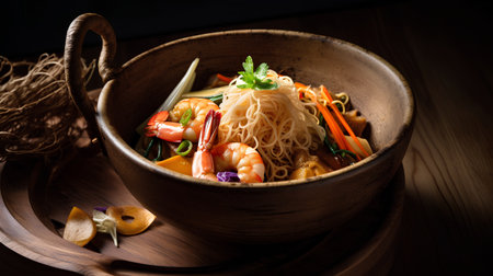 Chinese noodle soup with shrimps and vegetables in wooden bowlの素材