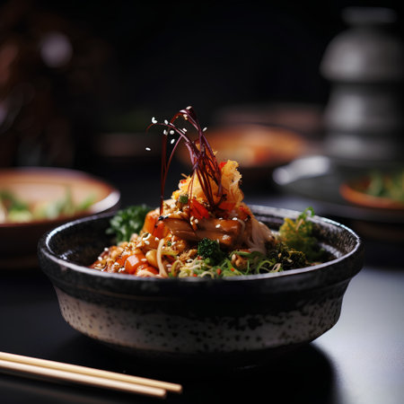 Bibimbap - japanese noodle dish on black backgroundの素材