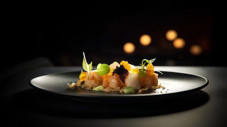 Tasty gourmet appetizer on black plate over dark background.の素材