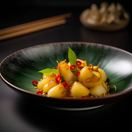 Stir-fried scallops with chili pepper on black backgroundの素材
