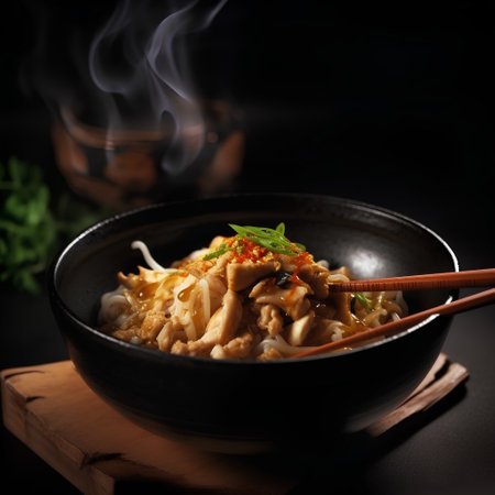 Rice noodle with pork and vegetables in black bowl on black backgroundの素材