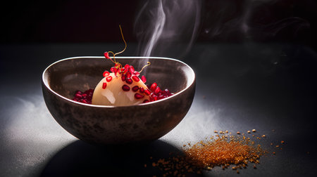Pomegranate in a bowl with smoke on a black backgroundの素材