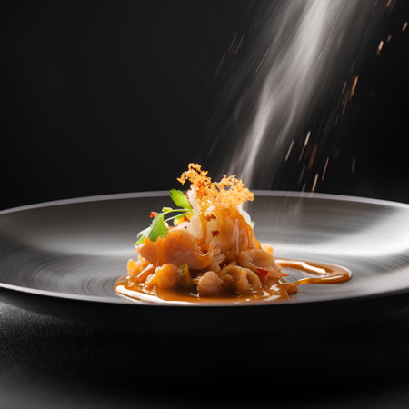 Fried shrimp with sauce in a black plate on a black backgroundの素材