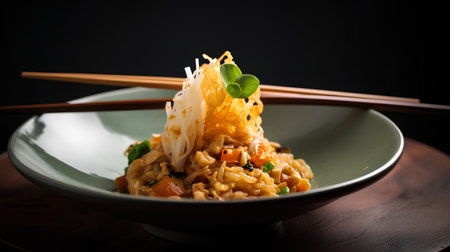Chinese noodles with vegetables and chopsticks on a dark background. Asian cuisineの素材