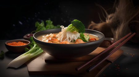 Chinese soup with shrimps and vegetables on a dark background.の素材