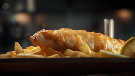 Fish and chips on a wooden plate. Selective focus. Toned.の素材
