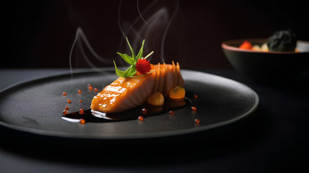 Salmon sushi with caviar and sauce on a black plate.の素材