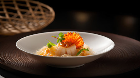Shrimp with vermicelli in a white plate on a dark backgroundの素材