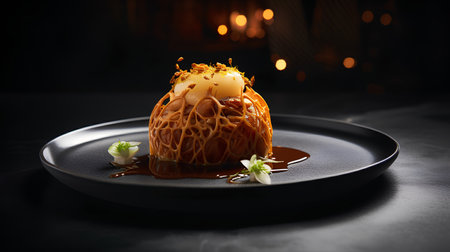 Delicious dessert with caramelized apples on a black plate on a dark backgroundの素材