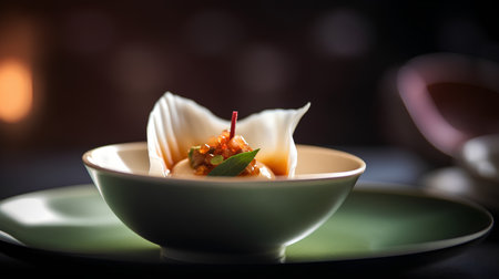 steamed dumplings with tomato sauce in a bowl on a dark backgroundの素材