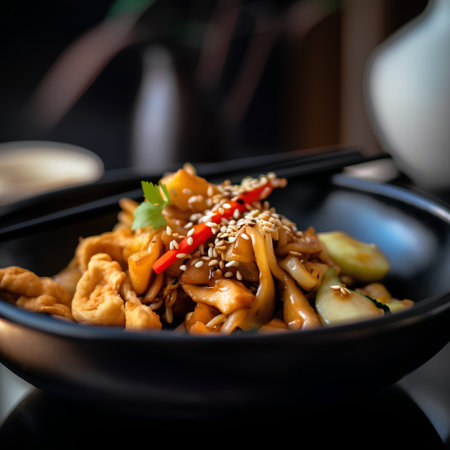 Stir-fried squid with white sesame seeds in black bowlの素材