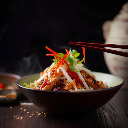 Chinese cuisine, rice noodles with chicken and vegetables on a wooden tableの素材