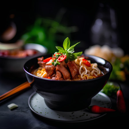Chinese noodle soup with beef and vegetables on a black background.の素材