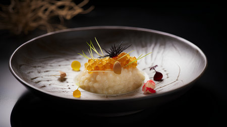 Delicious rice pudding with caviar on a dark background. Toned.の素材