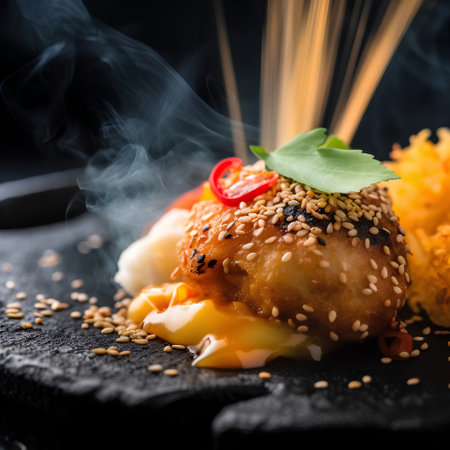 Fried fish with sauce and sesame seeds on a black backgroundの素材