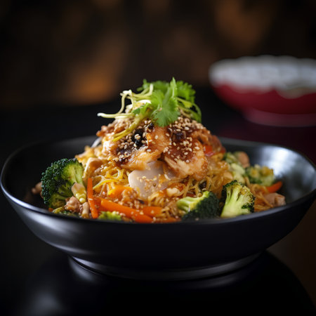 Bowl of Chinese noodles with chicken and vegetables on dark background.の素材