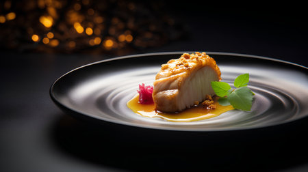 Piece of cod fish with caramel sauce on a black plate.の素材