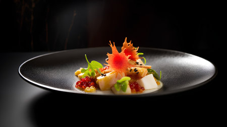 Delicious seafood salad on a black plate on a dark background.の素材