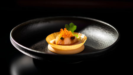 Salmon tartare on black plate. Isolated on black backgroundの素材