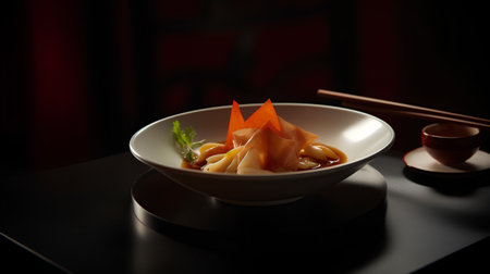 Japanese Udon noodles in a bowl with chopsticks on a dark backgroundの素材