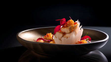 Tasty appetizer on a black background. Gourmet restaurant menu.の素材