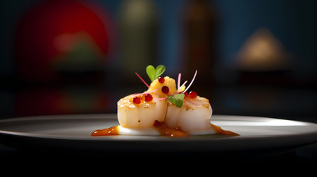 Grilled scallops with spicy sauce on a white plate.の素材