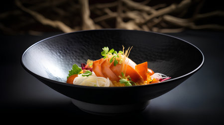 Salmon Sashimi with Vegetables in Black Bowl on Black Backgroundの素材