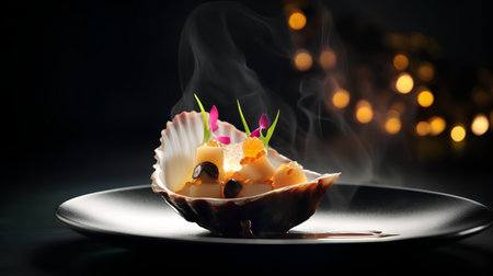 Flaming scallop with a candle on a black background.の素材