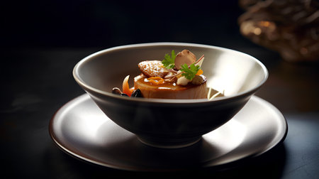 Chinese cuisine. Appetizing steamed vegetables in a bowl on a dark backgroundの素材