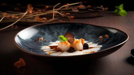 Seafood dessert with caramel sauce on black plate on wooden tableの素材