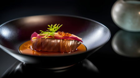 Japanese cuisine. Sashimi on a black background. Toned.の素材