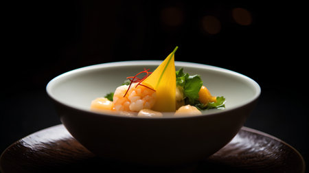 Seafood salad in a white bowl on a black background.の素材