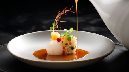 Gourmet appetizer with scallops on a dark background.の素材