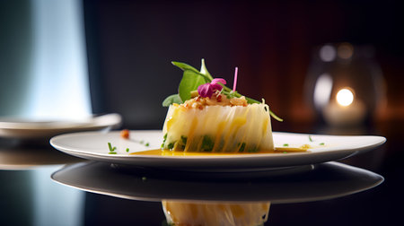 Fried cabbage with cheese and greens on a black background. Restaurantの素材