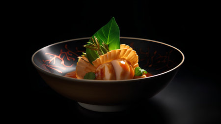 Dumplings in a bowl on a black background. Selective focus.の素材