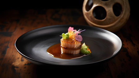 Japanese cuisine, scallops with sauce on a dark background.の素材