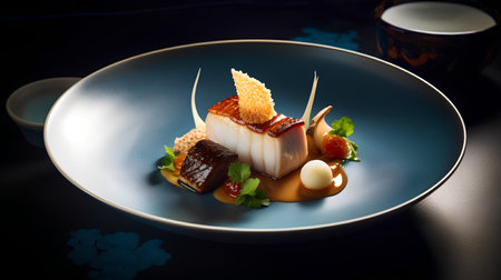 Japanese Cuisine - Seabass with Cream Sauce on Black Backgroundの素材
