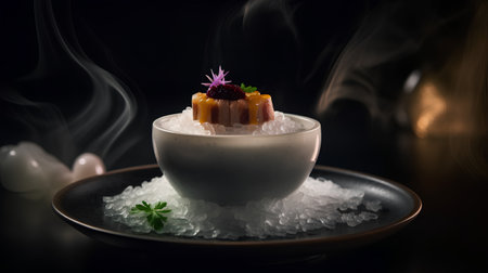 Japanese dessert in a ceramic bowl on a black background with smoke.の素材