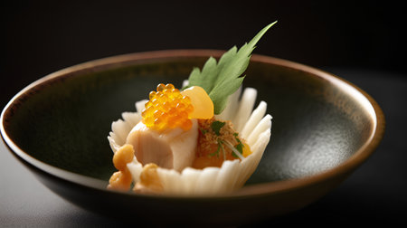 Salmon sushi with caviar in a bowl on a black backgroundの素材