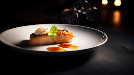 Salmon fillet with sauce on a plate on a dark backgroundの素材