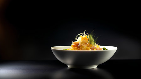 Noodles with shrimps in a white bowl on a black backgroundの素材